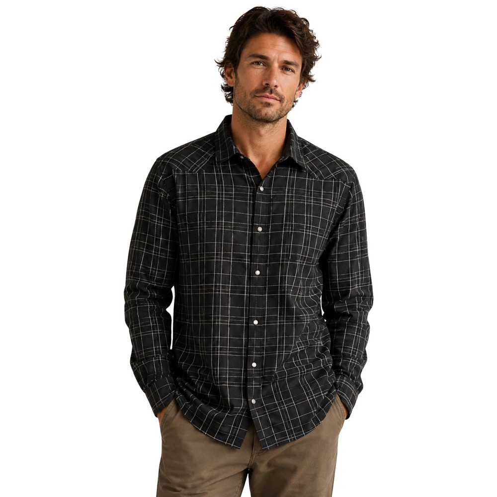 YOUNGLA Shirt Mens XL Model 806 Black White Grid Western Yoke Viscose